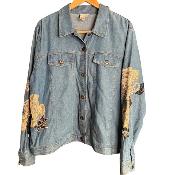 90s Vintage FLORISSANT | Denim Jacket with Lace Applique and sequins | 2XL - Picture 1 of 6